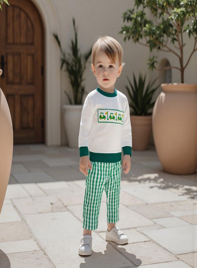 Mobbdow Toddler Baby Boy Golf Outfit Golf Cart Embroidery Crewneck Long Sleeve Sweatshirt and Plaid Pants Set Fall Clothes (A-Green, 2-3T) - Image 5
