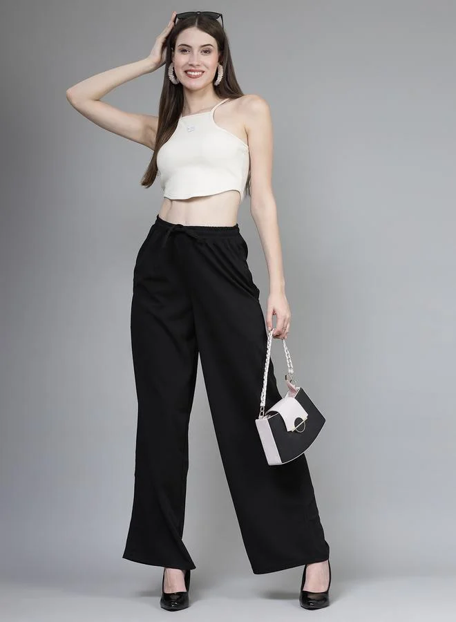 PAUSE PAUSE Women Black Solid Drawstring Waist Wide Leg Pants