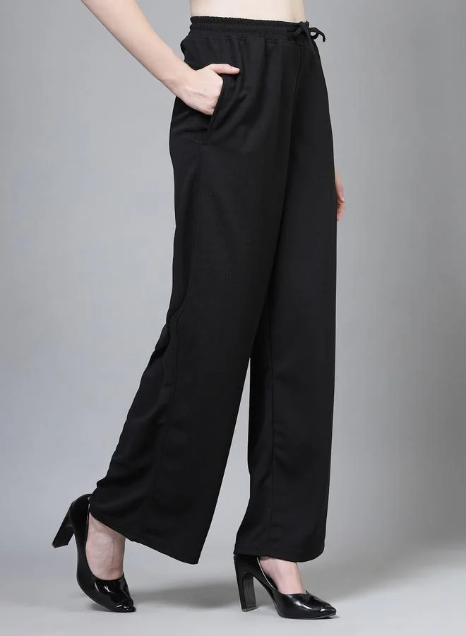 PAUSE PAUSE Women Black Solid Drawstring Waist Wide Leg Pants