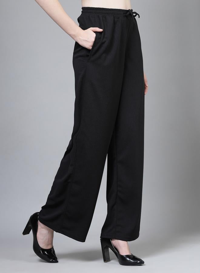 بوز بنطلون نسائي واسع الساق بخصر برباط أسود سادة - Image 3