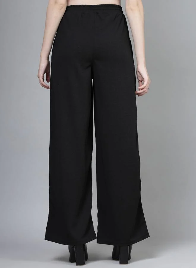 PAUSE PAUSE Women Black Solid Drawstring Waist Wide Leg Pants
