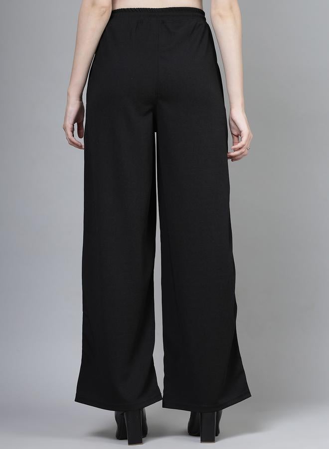 بوز بنطلون نسائي واسع الساق بخصر برباط أسود سادة - Image 4