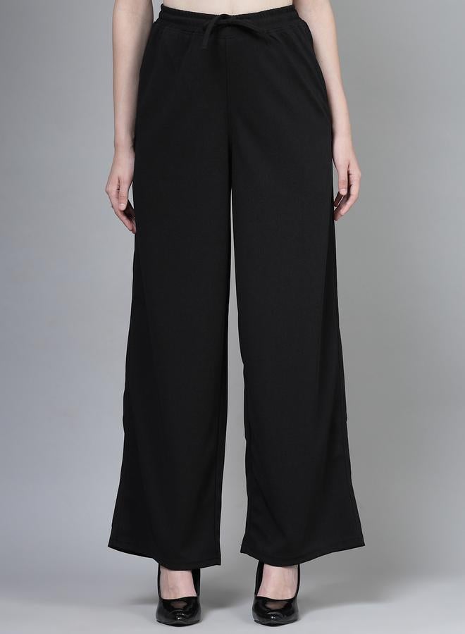 بوز بنطلون نسائي واسع الساق بخصر برباط أسود سادة - Image 1