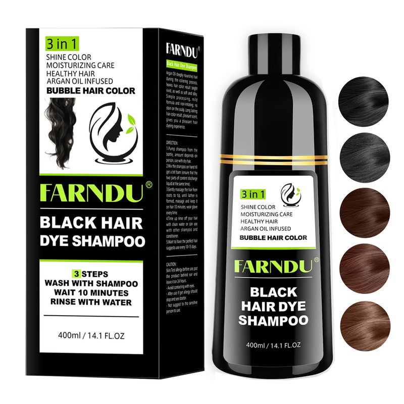 Farndu Black Hair Dye Shampoo for Women & Men, Gray Hair Coverage Herbal Natural 3 in 1 Hair Color Shampoo, Champu para canas - Image 1