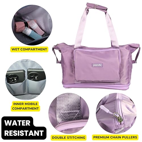 POPCUBE Premium Foldable Duffle Bag for Travel for Women-Folding Bags for Travelling-Travel Bag for Women-Multipurpose Foldable Bags for Travelling. (Style 3 with Wheels, Purple) - Image 3