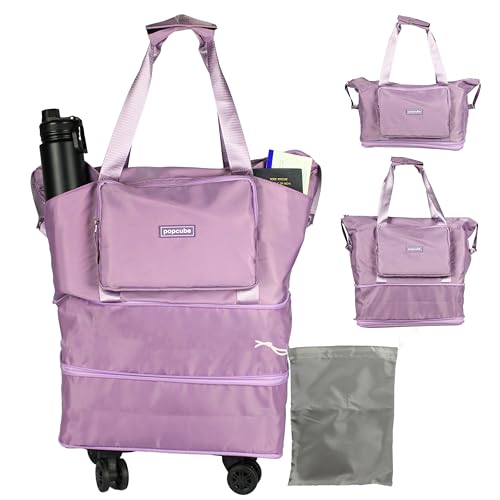 POPCUBE Premium Foldable Duffle Bag for Travel for Women-Folding Bags for Travelling-Travel Bag for Women-Multipurpose Foldable Bags for Travelling. (Style 3 with Wheels, Purple) - Image 1