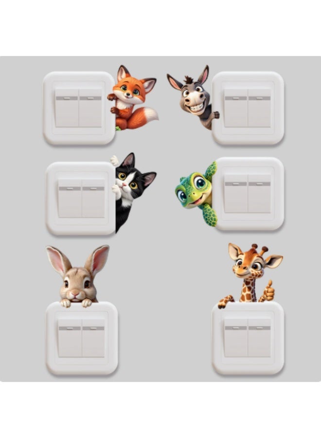 6 Pack Cute Peeking Animal Light Switch Wall Stickers, 10×10cm Cartoon Fox Donkey Cat Turtle Rabbit Giraffe Switch Panel Decals, Self-Adhesive Removable Vinyl Wall Art Decor for Kids Bedroom Playroom Home Decoration - Image 1