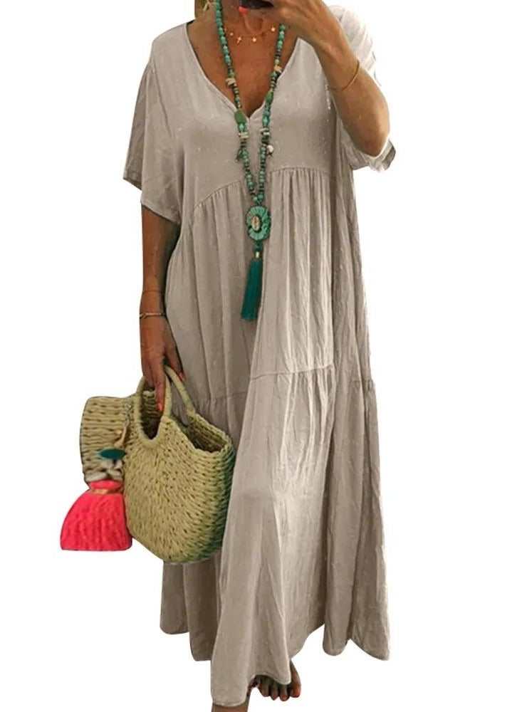 Loquat Womens Summer Loose Casual Short Sleeve Dresses Solid Color V-Neck Ruffled Maxi Dress Khaki