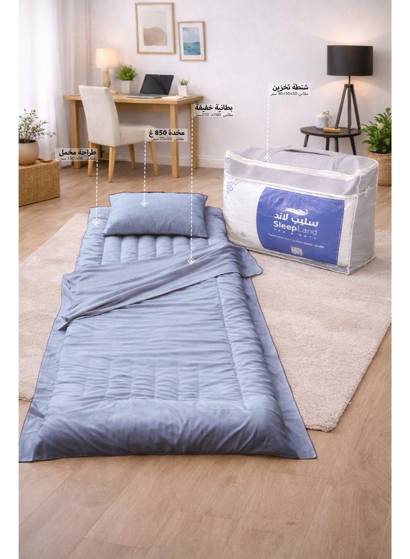 SleepLand Guest and travel package, gray color, consisting of a bed sheet, blanket, pillow, and pillowcase - Image 1