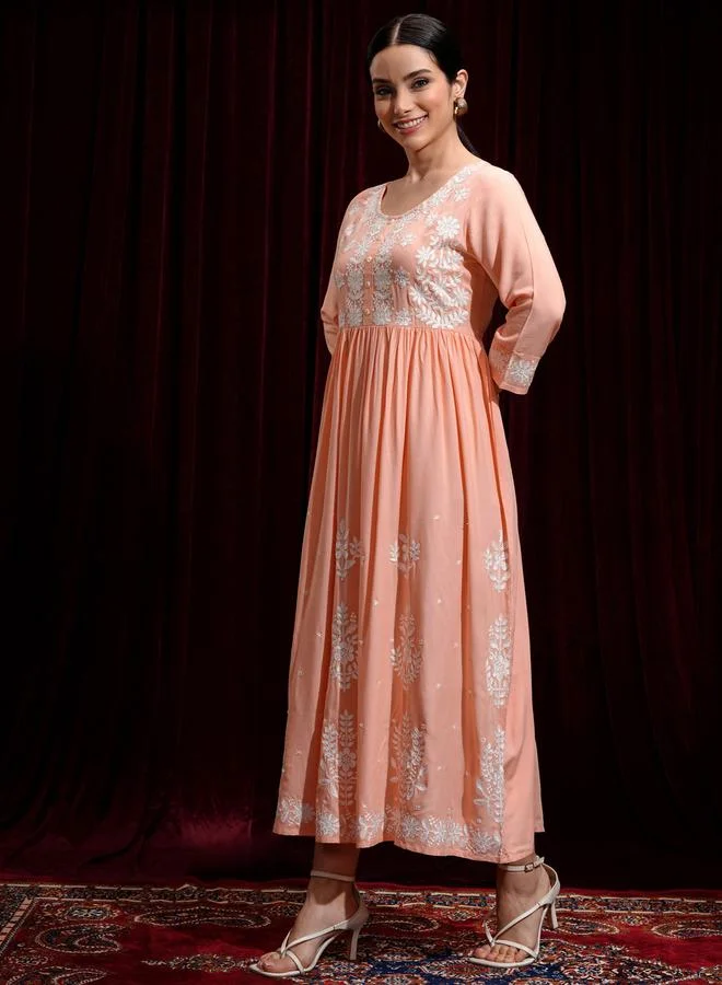 Vishudh Vishudh Women Embroidered Round Neck A-Line Midi Dress