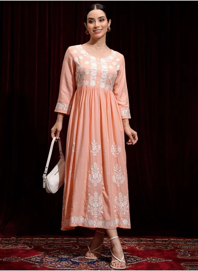 فيشود Vishudh Women Embroidered Round Neck A-Line Midi Dress