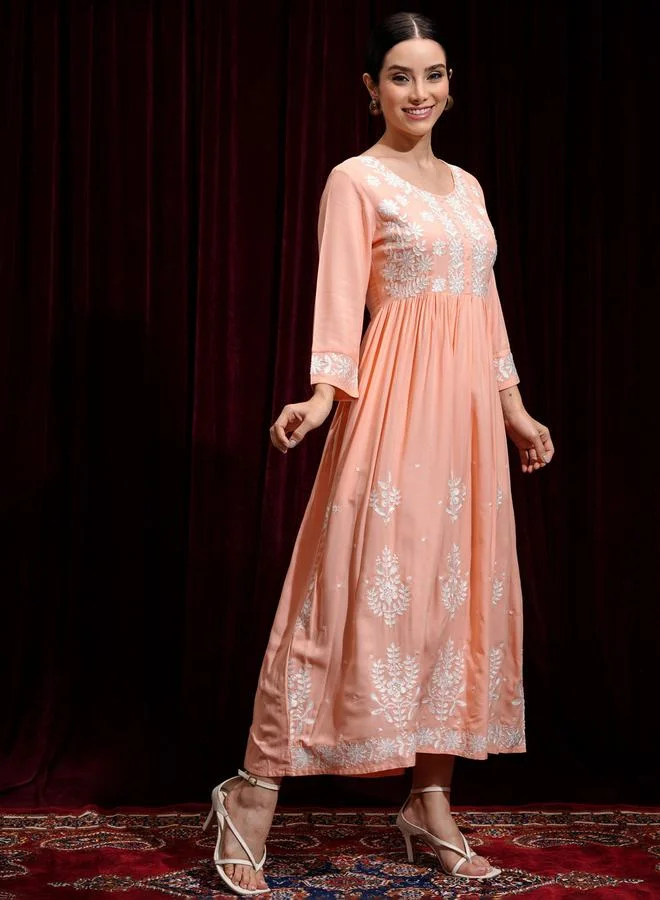 Vishudh Vishudh Women Embroidered Round Neck A-Line Midi Dress