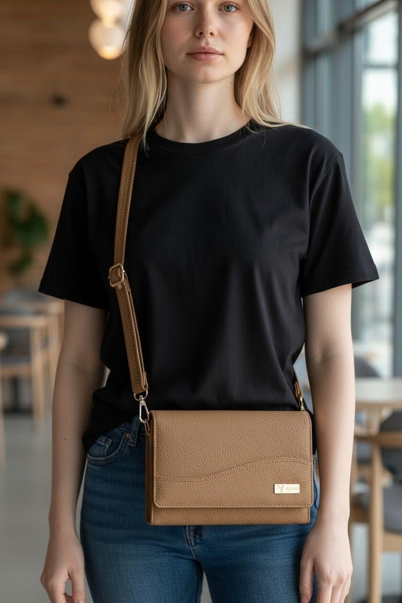 ALSU Women’s Vegan Leather Sling Bag| Stylish Crossbody Purse with Zipper Pocket & Card Slots | Magnetic Closure, Adjustable Strap| Premium Everyday Shoulder Bag for Women & Girls (Tan) - Image 3