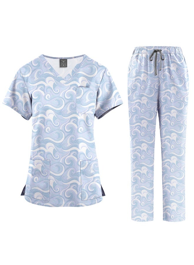 NIBEMINENT Surgical Uniforms Women Printed Medical Scrub Set Beauty Salon Workwear Pet Clinical Scrubs Top + Pant Doctor Nursing Tunic Suit - Image 1