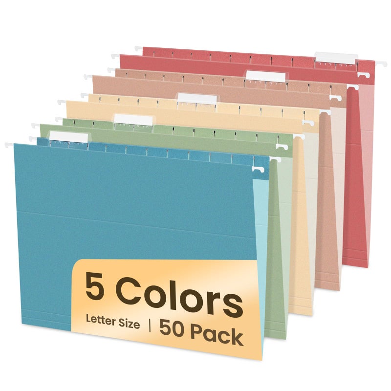 SUNEE Hanging File Folders, 50 Pack Letter Size Hanging File Folders with 1/5-cut Tabs, Stay Organized for Your Home and Office Bulk File, Documents and Paper,5 Retro Colors - Image 1