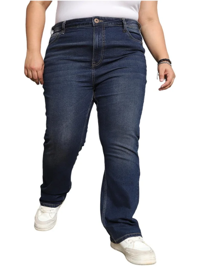 هاي ستار Women's Indigo 100% Cotton Bleached Full Length Flared Jeans