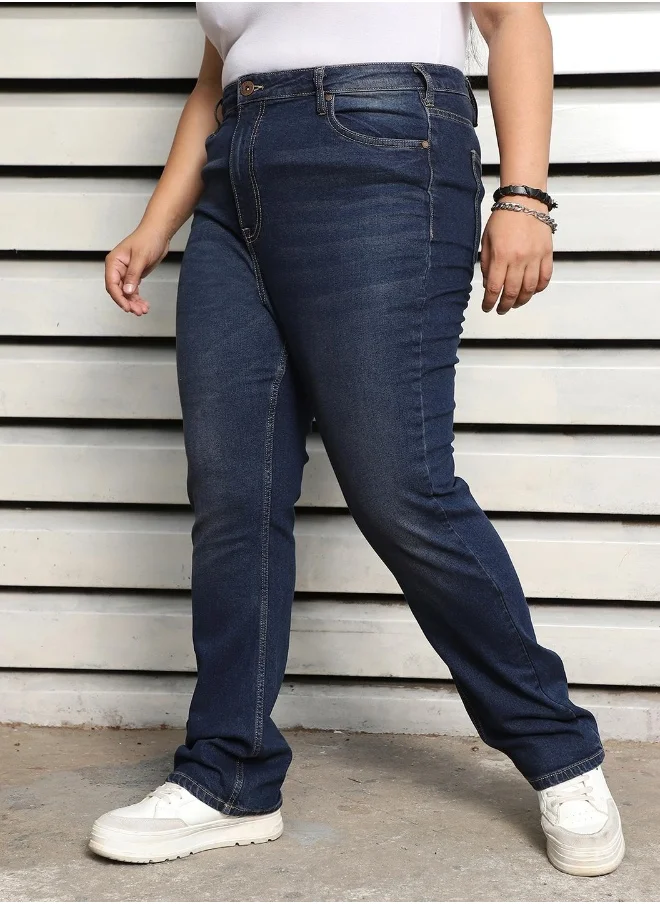 هاي ستار Women's Indigo 100% Cotton Bleached Full Length Flared Jeans