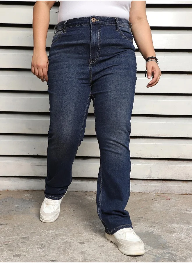 هاي ستار Women's Indigo 100% Cotton Bleached Full Length Flared Jeans