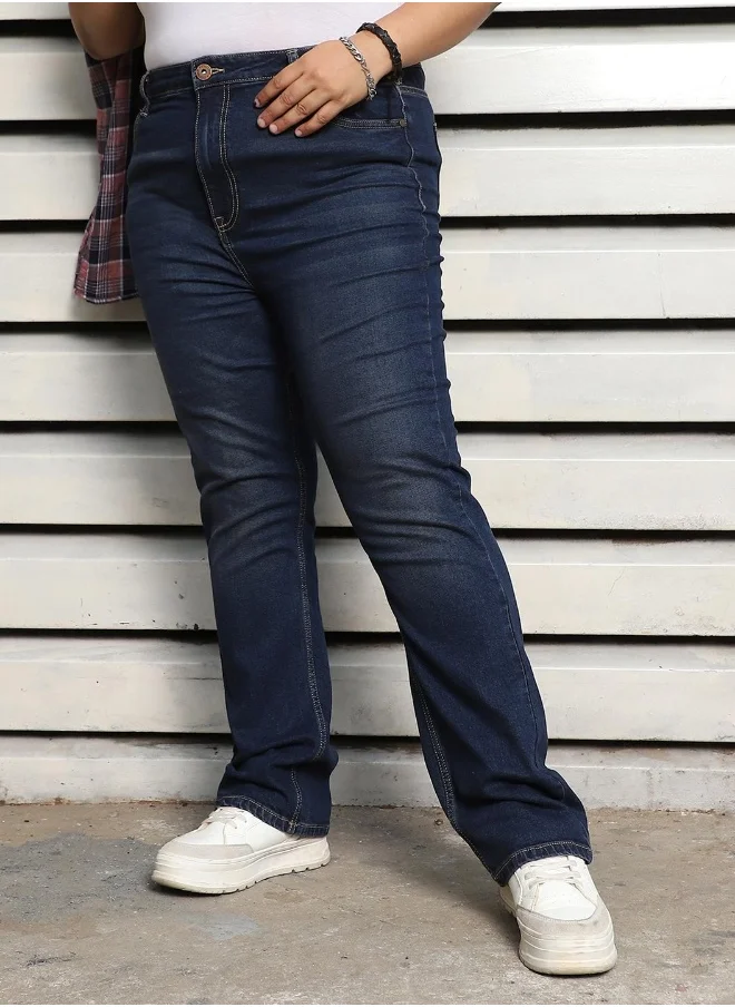 هاي ستار Women's Indigo 100% Cotton Bleached Full Length Flared Jeans