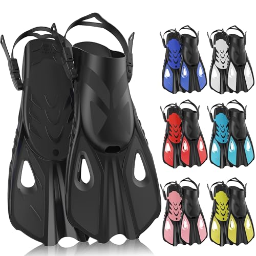 MELUMILU Snorkel Fins Swim Fins Travel Size Short Adjustable for Snorkeling Diving Adult Men Women Open Heel Swimming Flippers Black - Image 1
