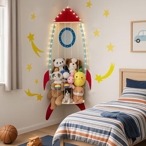PUTSKA Nursery Furniture Hanging Organizer Wall Mounted Stuffed Animal Storage for Baby Room Corner Plush Collection Display Nursery Organization System SpaceSaving Vertical Storage Spaceship - Image 1