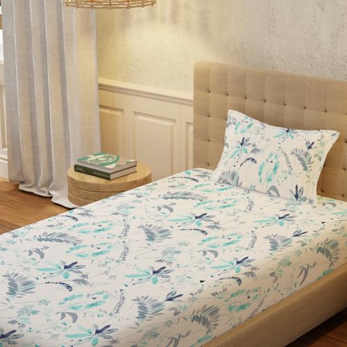 Urban Space Serene 200 TC 100% Cotton Bedsheet for Single Bed with 1 Pillow Cover (Size 58 x 90 inches, Floral Feast Turquoise Blue), Small_Single - Image 1
