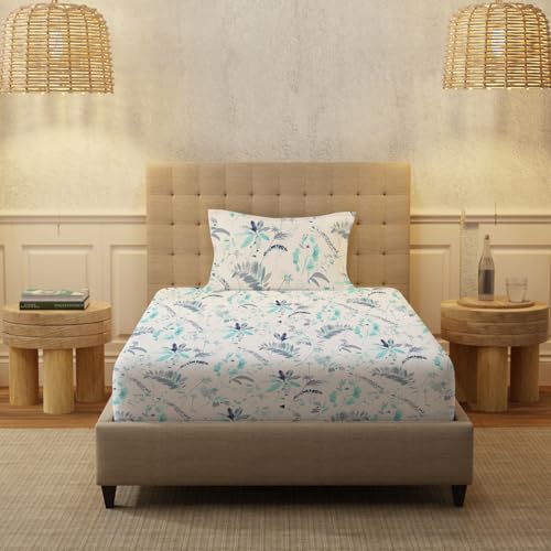 Urban Space Serene 200 TC 100% Cotton Bedsheet for Single Bed with 1 Pillow Cover (Size 58 x 90 inches, Floral Feast Turquoise Blue), Small_Single - Image 2