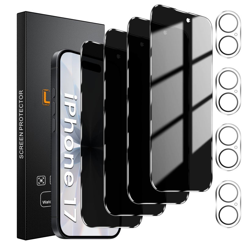 Lesakit 4 Pack Privacy Screen Protector for iPhone 17 6.3-Inch with 4 Pack Camera Lens Protector, Anti Spy Tempered Glass Film 9H Hardness Bubble Free Case Friendly - Image 1