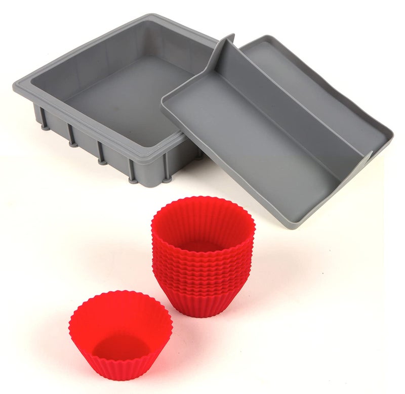 NuWave Silicone Baking Kit with 8x8-inch Baking Pan, Removable Divider Insert & Reusable Cupcake Liners,Gray/Red - Image 1