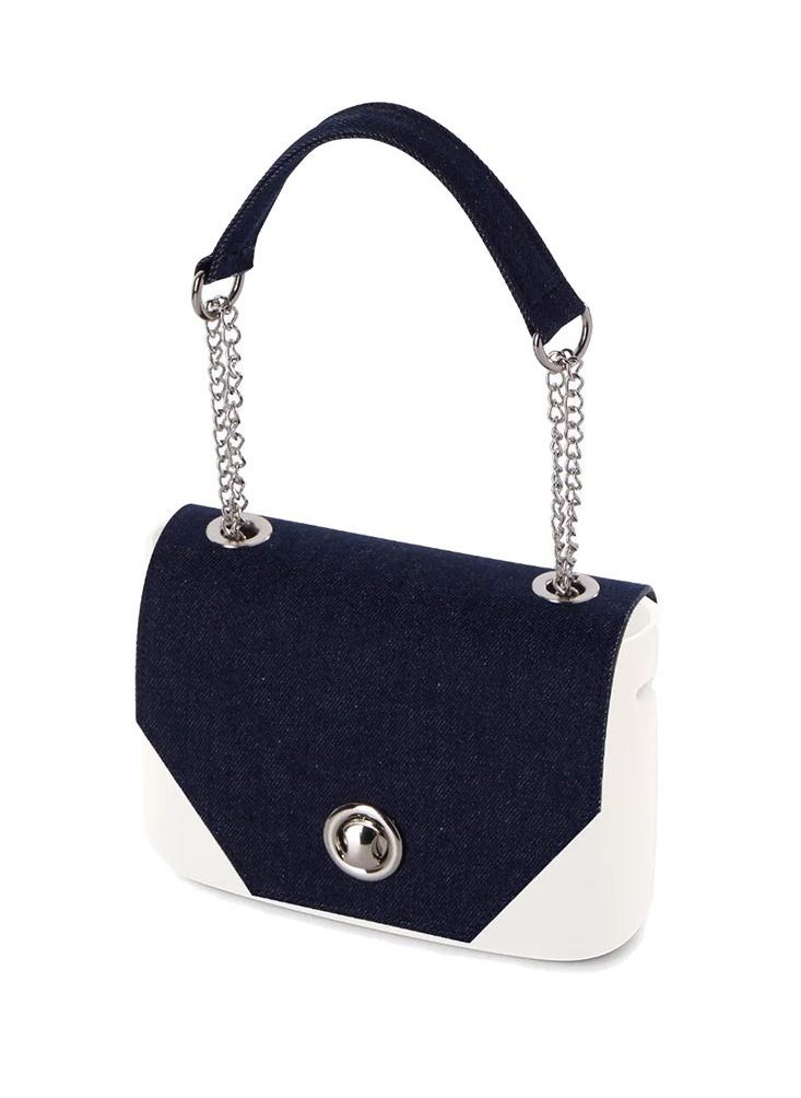 O bag - O pocket Cross Body Bag with Flap & Shoulder Strap with Mini Double Chain Handle in Navy Blue - Image 1