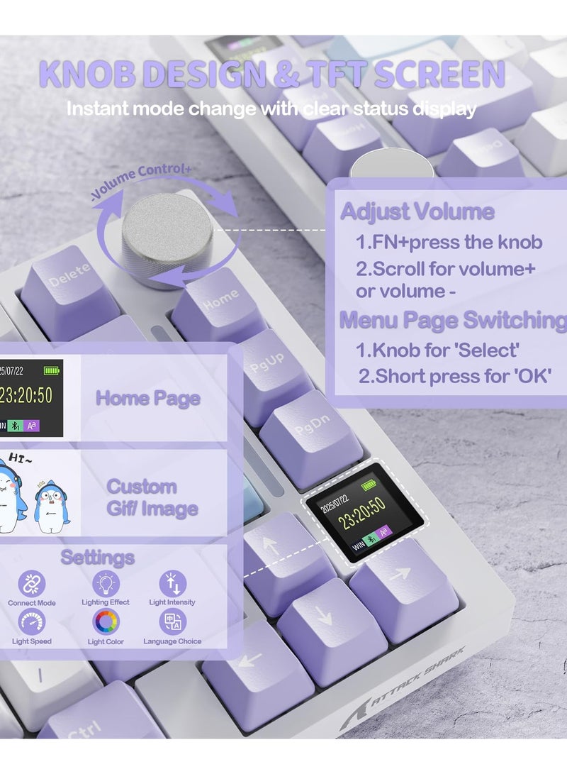 Attack Shark X820 Ultra 75% Wireless Gaming Mechanical Keyboard Hot-Swappable Gasket Mount RGB Backlit BT/2.4G/Wired Custom Keyboard with Smart TFT Display&Knob QMK Driver-Starlight White&Shark Switch - Image 2