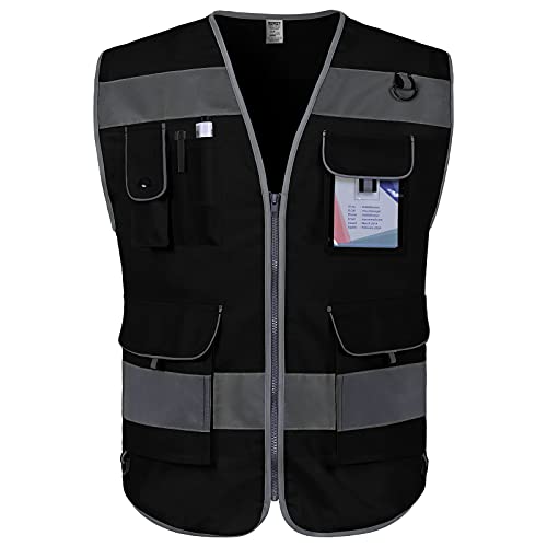 TCCFCCT Black Safety Vest for Men Women 9 Pockets High Visibility Reflective Vest for Safety, Work Vest with Reflective Strips, Meets ANSI/ISEA Standards, Large - Image 1
