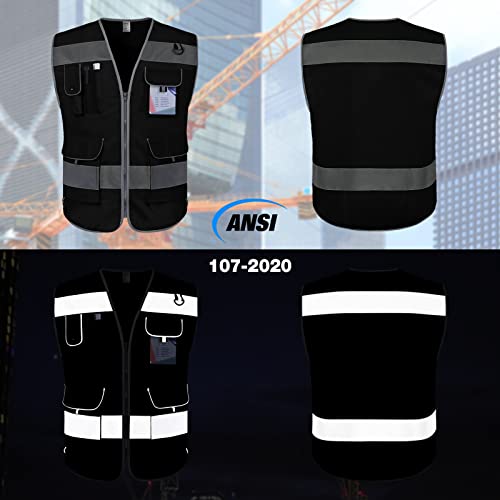 TCCFCCT Black Safety Vest for Men Women 9 Pockets High Visibility Reflective Vest for Safety, Work Vest with Reflective Strips, Meets ANSI/ISEA Standards, Large - Image 2