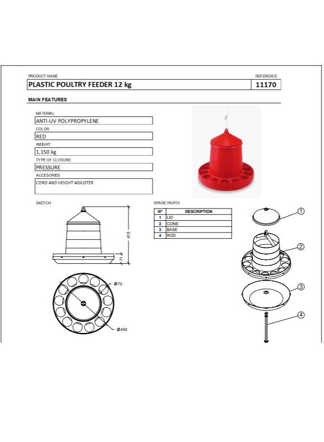 Gaunsa Gaun 12kg Bird Feeder for Chicken / Hen and other similar Birds, Portable Bird Feeder, Poultry Hanging Feeder, Bird Supplies (Made in Spain) - Image 2