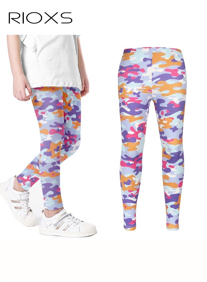RIOXS Girls' Leggings, Little Kids Girls Stretchy Tights Leggings, Fashion Printed School Uniform Leggings, Knitted Pant for Dress, Soft Comfortable Leggings, Ankle Length Leggings for Girls School, Dance Class or Playdates Wear, Purple Camouflage Leggings - Image 1