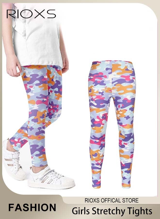 RIOXS Girls' Leggings, Little Kids Girls Stretchy Tights Leggings, Fashion Printed School Uniform Leggings, Knitted Pant for Dress, Soft Comfortable Leggings, Ankle Length Leggings for Girls School, Dance Class or Playdates Wear, Purple Camouflage Leggings - Image 5