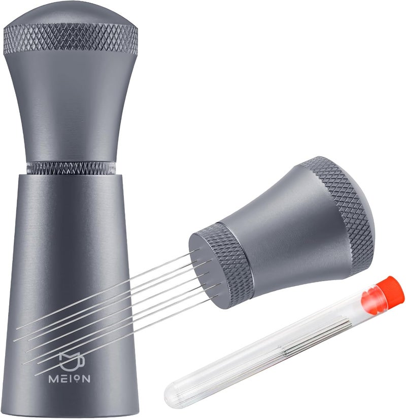 MEION WDT Espresso Distribution Tool Espresso Stirrer Tools for Barista, 0.35mm 7 Needles Espresso Coffee Stirrer with Extra 7 Replaceable Needles, Aluminum Alloy Handle with Stand (Grey) - Image 1