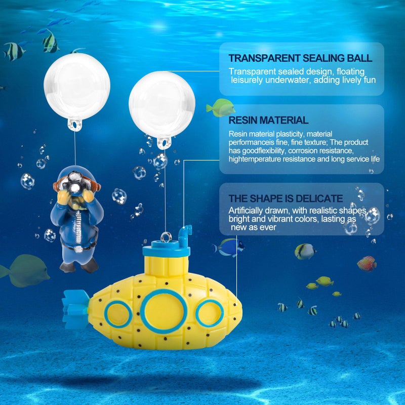 CousDUoBe 2.1 in Mini Floating Submarine Fish Tank Decoration Setï¼ŒCute Retro Submarine Set and Floating Diver,Aquarium Decorations Resinous Betta Fish Tank Accessories - Image 5