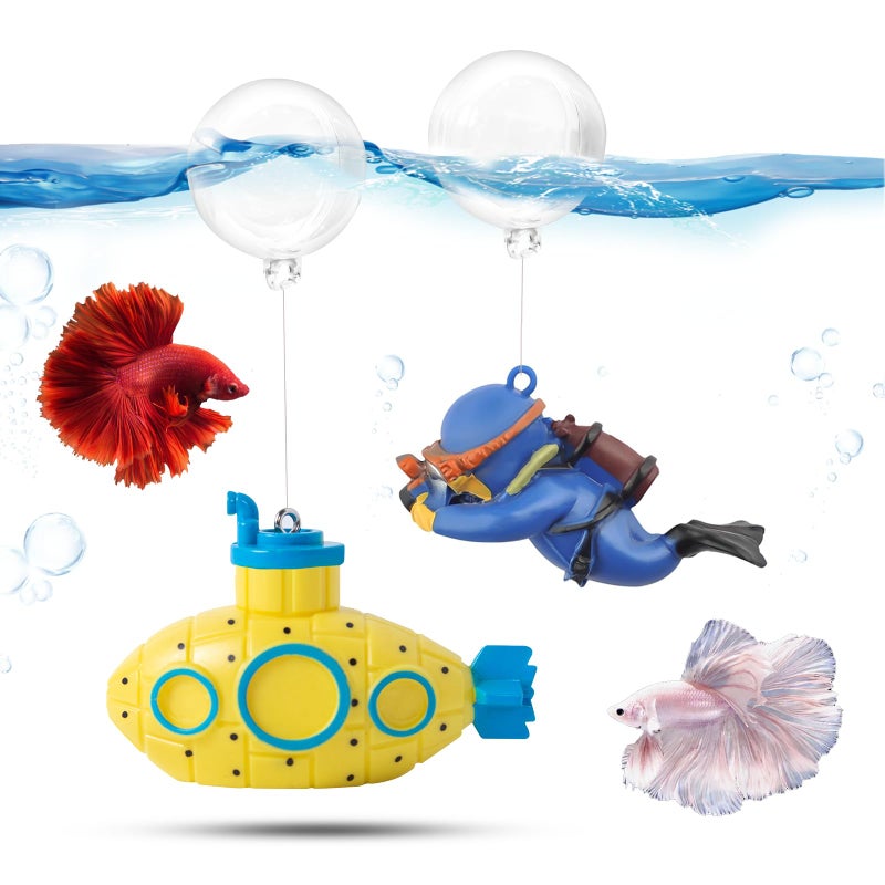 CousDUoBe 2.1 in Mini Floating Submarine Fish Tank Decoration Setï¼ŒCute Retro Submarine Set and Floating Diver,Aquarium Decorations Resinous Betta Fish Tank Accessories - Image 1