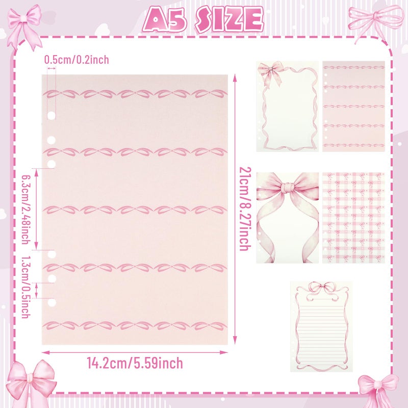 Pineraap 100 Sheets Pink Bow A5 Refills Paper for Planner Inserts Binder, Thick 6 Hole Notebook Refill, 120GSM Filler Insert Loose Leaf Paper for A5 6 Ring Binder Travel Journal Diary Budget, Lined & Blank - Image 2