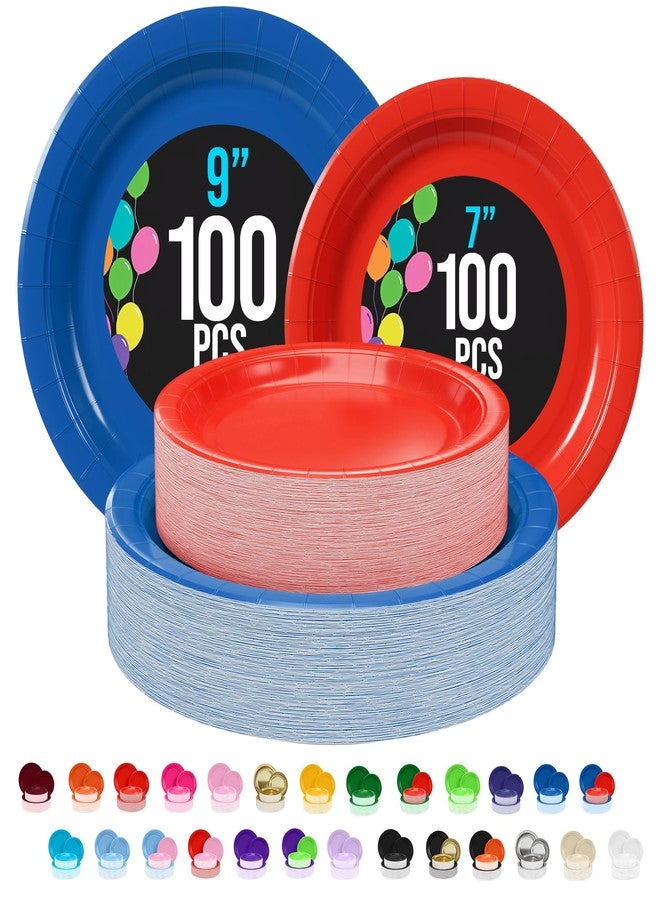Party Solids Exquisite Red & Blue Mixed Paper Plates - 7" & 9", 200 Pack (100 each), 350 GSM - Image 1