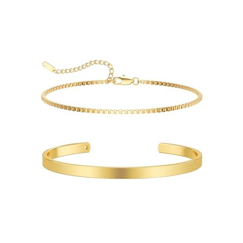 Moodear Stackable Bracelets for Men - 14K Gold Plated Bracelet Sets Dainty Box Chain Bangle Cuff Bracelet Set Mens Jewelry Gift - Image 1