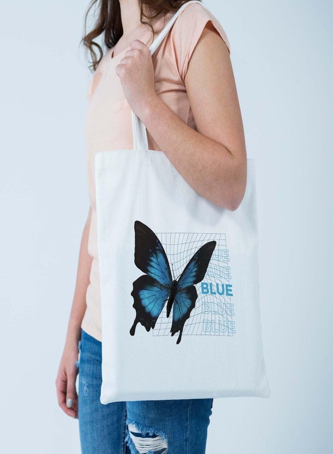ARTBUG Tote Bag for Women, Aesthetic, Stylish, Ecofriendly, For College Girls, Office, Beach and Outings -Blue Toned Butterfly Printed Canvas D - 366 - Image 2