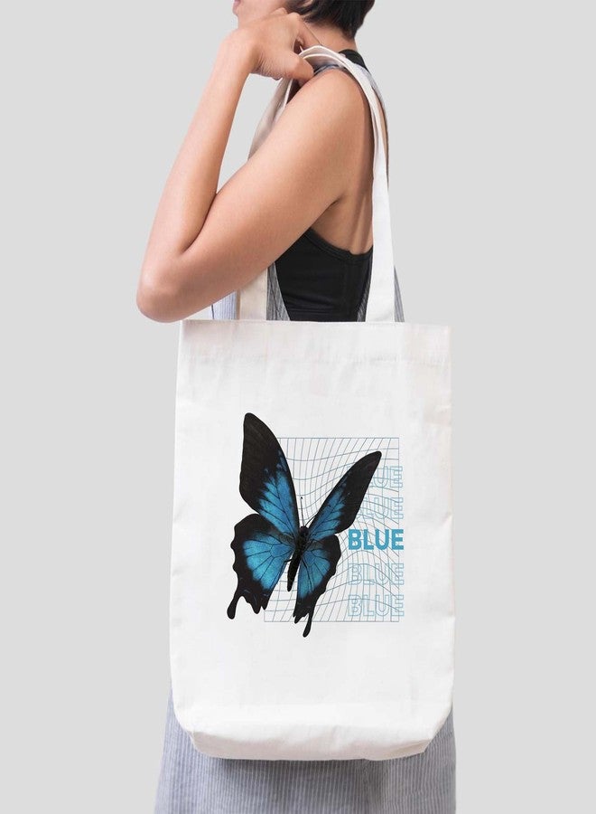 ARTBUG Tote Bag for Women, Aesthetic, Stylish, Ecofriendly, For College Girls, Office, Beach and Outings -Blue Toned Butterfly Printed Canvas D - 366 - Image 3