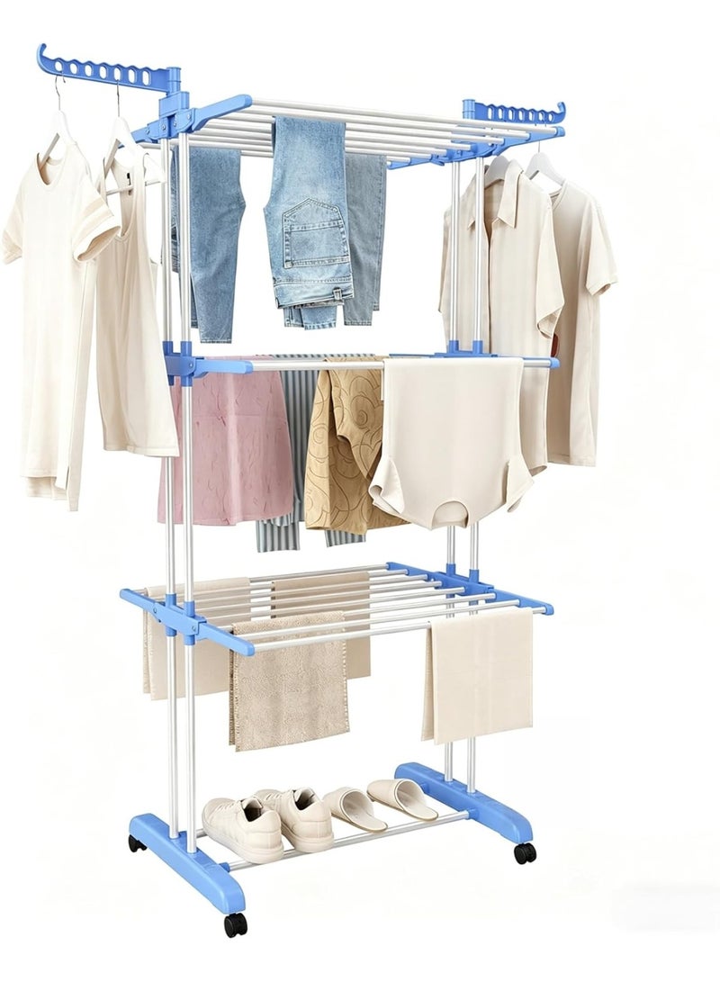 3-Tier Foldable Clothes Drying Rack, Stainless Steel Laundry Drying Rack with Wheels & Side Hooks, Portable Collapsible Dryer Rack for Indoor Outdoor, Blue