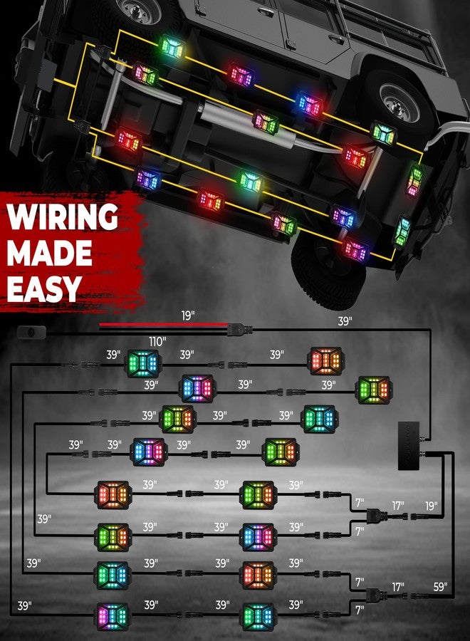 DITRIO 16 Pods Five Sided RGB Rock Lights for Trucks Jeep UTV SUV ATV, Multi Chasing Color App/Remote Control Led Rock Lights with Music Mode, Waterproof Exterior Underglow Kits for Cars - Image 5