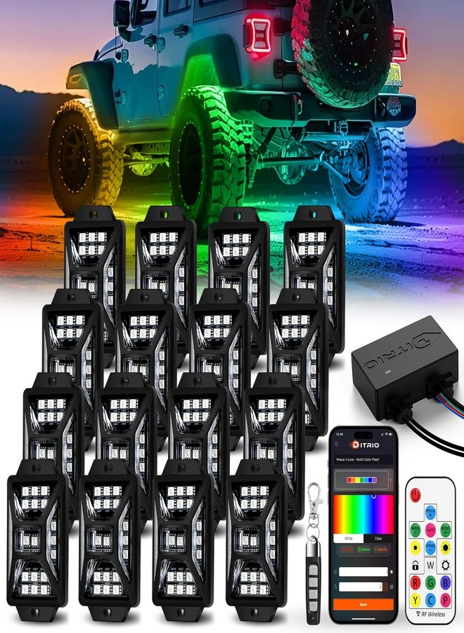 DITRIO 16 Pods Five Sided RGB Rock Lights for Trucks Jeep UTV SUV ATV, Multi Chasing Color App/Remote Control Led Rock Lights with Music Mode, Waterproof Exterior Underglow Kits for Cars - Image 1