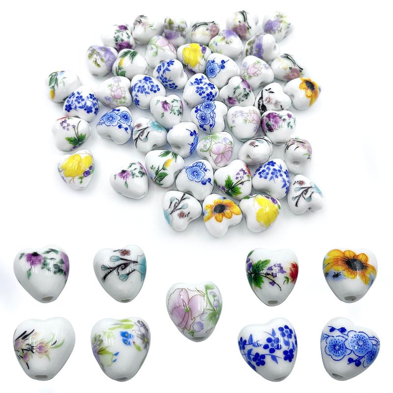 metulip 45Pcs Heart Shaped Porcelain Beads for Jewelry Making 13x12mm Flower Printed Ceramic Spacer Beads for Handmade Crafts Bracelets Necklace - Image 3