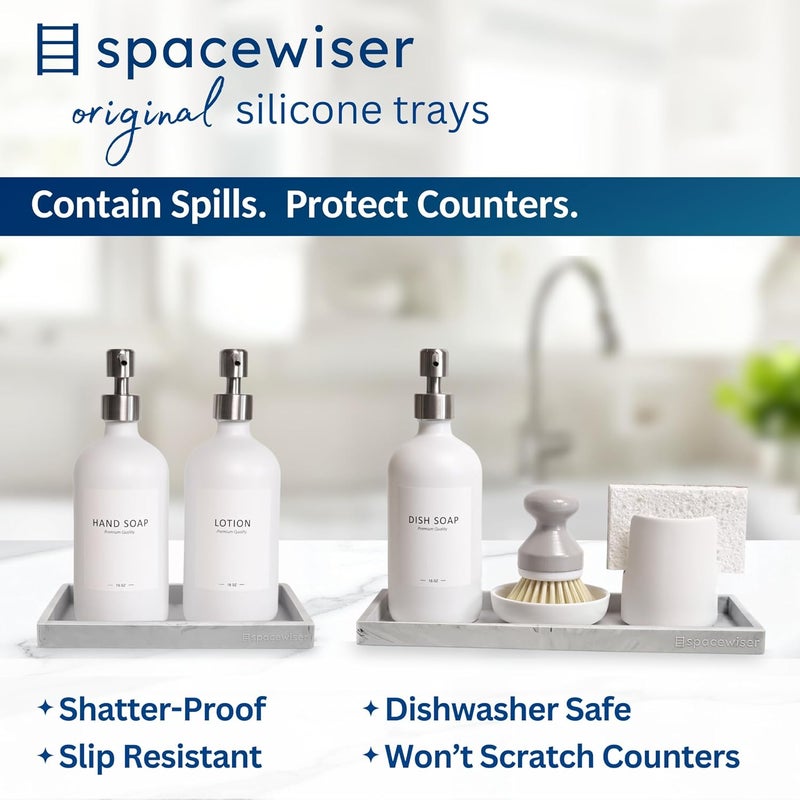 Spacewiser طقم صينية سطح العمل وصينية الزينة من سبيس وايزر - قطعتان (11 بوصة و 7 بوصة) صواني سيليكون غير قابلة للكسر للمطبخ والحمام لسطح العمل، موزع صابون الحوض، العطور، والمفاتيح - Image 2