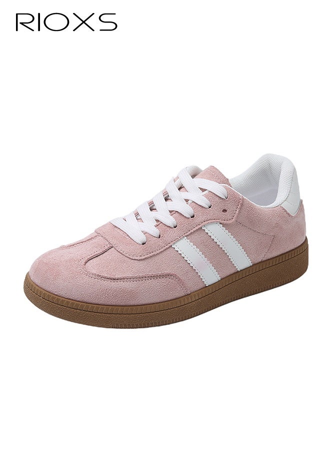 RIOXS Womens Athlesiure Shoes, Classic Retro Trainers Shoe, Casual Sneakers For Women, Lace-Up Low-Top Shoes, Versatile Trendy Ladies Sneakers, Anti Slip Walking Trainers With Platform/ Regular Heel, Soft Gum Sole Running Shoes, Pink Women's Sneakers  - Image 1